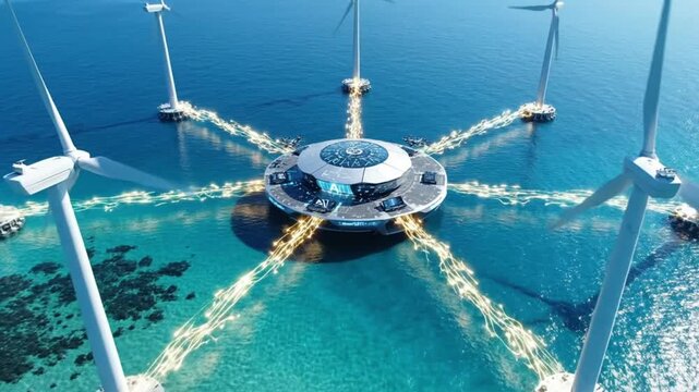 Aerial perspective on innovative wind farm energy solutions by ai technology