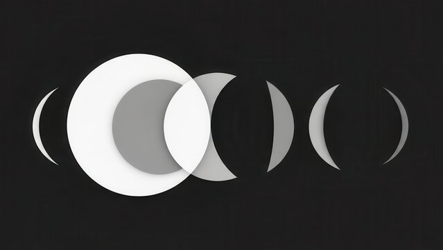 A minimalist geometric abstract illustration of evolving monochromatic overlapping circular and crescent shapes, arranged horizontally in a layered paper cut-out style with subtle shadows against a