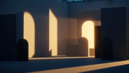 Fototapeta premium Minimalist and tranquil architectural interior space featuring smooth white geometric walls and elegant arched cutouts, dramatically illuminated by warm golden hour sunlight casting stark, elongated