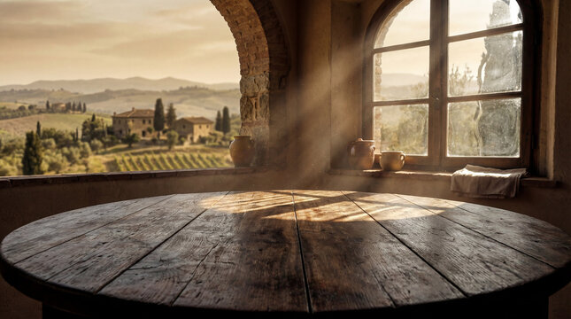 rustic wooden table overlooking tuscan landscape