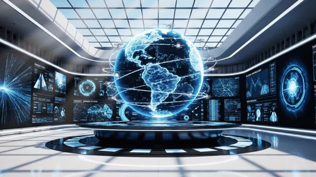 Ai-generated video of a high-tech virtual globe display in a futuristic environment created by generative ai