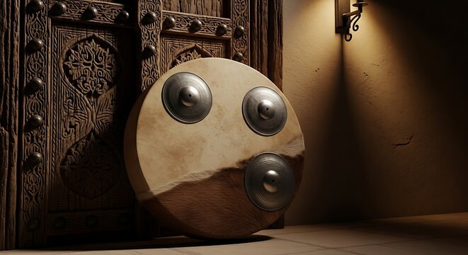 Traditional arabian daf drum leaning against an ornate wooden door casting shadows in soft light