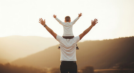Obraz premium A man holding a child on his shoulders with arms outstretched