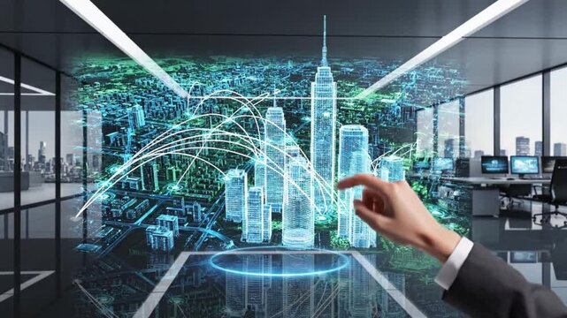 Ai-driven cityscape visualization futuristic office digital art in a dynamic perspective