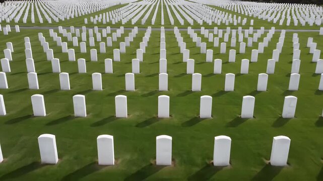 A vast graveyard with rows of white headstones on green grass, stretching towards the horizon