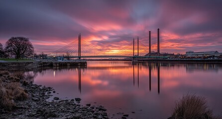 Fototapeta premium Sunrise over a city river, bridge reflection