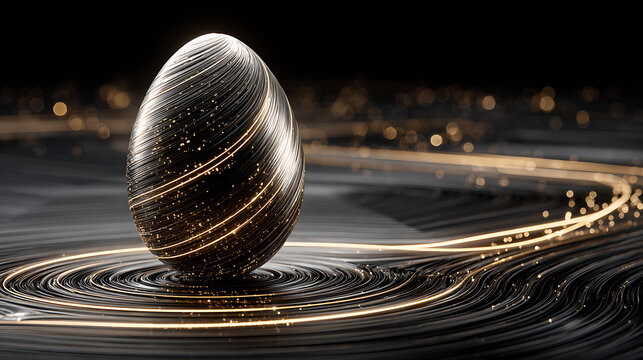 Black easter egg with golden shade on black background