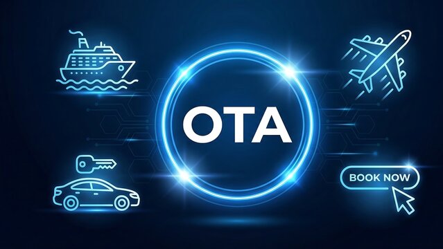 OTA acronym, online travel agent concept, website or platform that allows travelers to book various travel-related services and accommodations online new