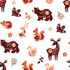 Folk Art Forest Animals Seamless Pattern. Scandinavian motifs