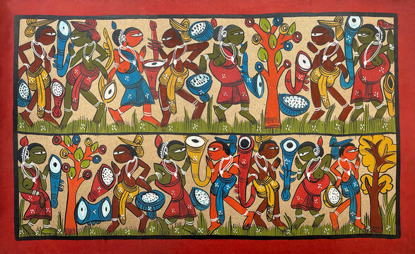 Music festival painted in traditional Indian folk art style