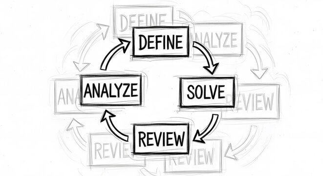 Business problem solving framework with define analyze solve review stages
