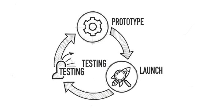 Product development cycle diagram with prototype testing and launch phases as circular icons