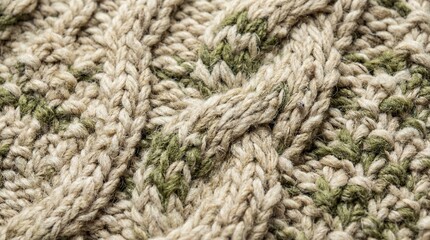 Macro Detail of Thick Hand-Knitted Wool Sweater with Chunky Cable Knit Weave