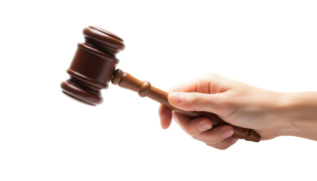 Hand holding a dark brown wooden judge's gavel with a smooth finish, isolated on white background