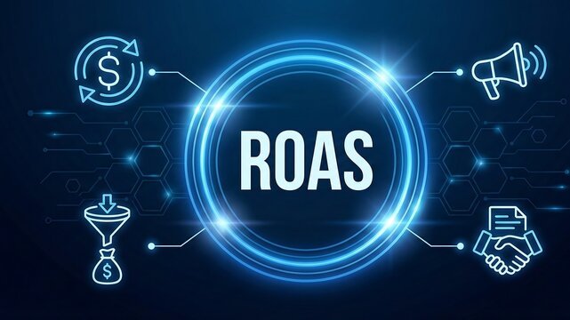ROAS Return on Ads Spent in marketing concept with futuristic blue background new ai