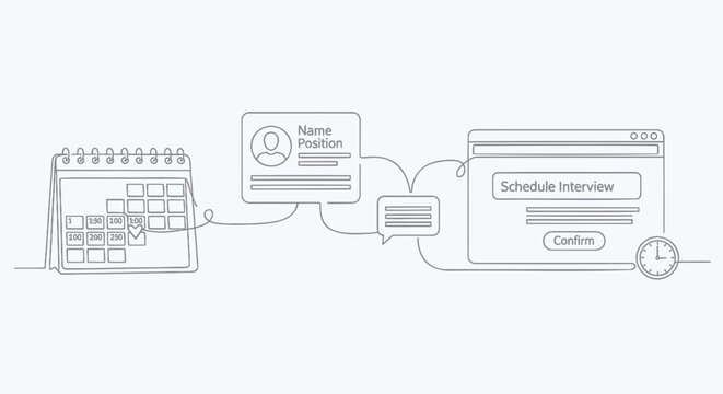 Vector illustration of a calendar connecting to a clock and computer to schedule an interview online