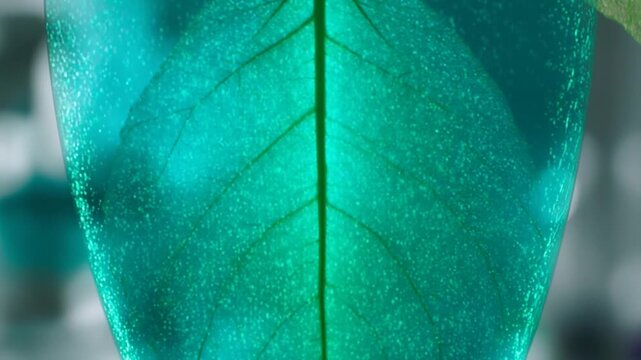 Chlorophyll Glow. Photosynthesis & Energy from Sunlight. Conceptual Science. Structure of a translucent leaf as it is hit by sunlight, revealing a rhythmic pulse of green energy within the cells
