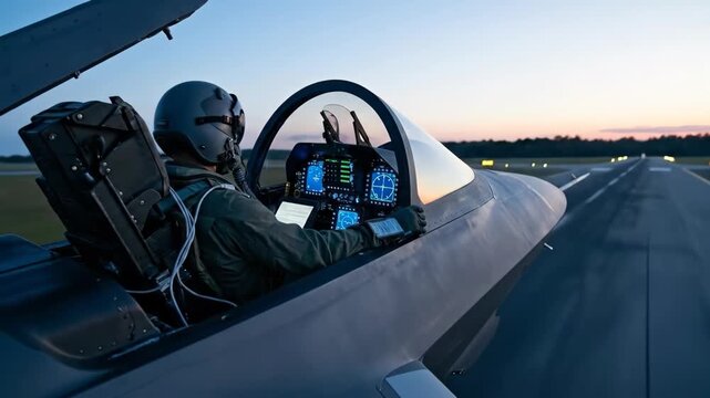 Pilot In Jet Fighter Cockpit Before Takeoff On Runway At Sunset With Trees In Background And Gray Helmet And Uniform And Blue Sky And Electronic Display