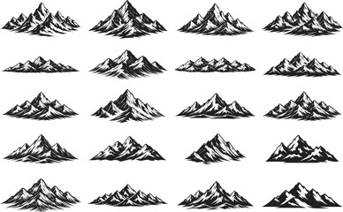 Mountain Landscape. Hand Drawn Vector Illustration Scenic Nature View with Peaks, Hills, and Horizon, Minimalist Outdoor Design in Black and White Silhouette Style