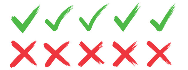 Check mark icons set. Green brush stroke check mark, tick symbols, checklist signs. Grunge brush stroke signs. Grunge checkmark design. Dirty grunge stroke checkmark sign vector illustration Handdrawn © topicon333