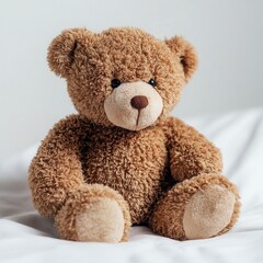 Fototapeta premium Soft brown teddy bear sits on a white bedspread in a cozy room during daylight hours