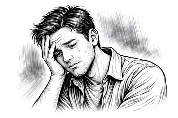 Emotional Pencil Sketch of a Distressed Man Crying with Hand on Forehead Representing Grief and Depression