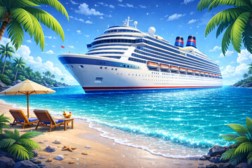 Luxury Cruise Ship Anchored in Turquoise Tropical Bay with Palm Trees and Sandy Beach