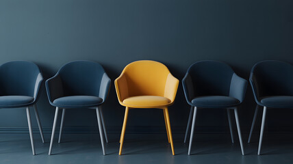 Obraz premium A row of chairs with one yellow chair standing out among the blue ones