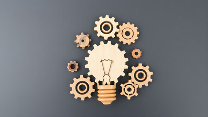 Light bulb with gears concept poster symbolizing creativity, invention, innovation, mechanical design, and bright visionary ideas.