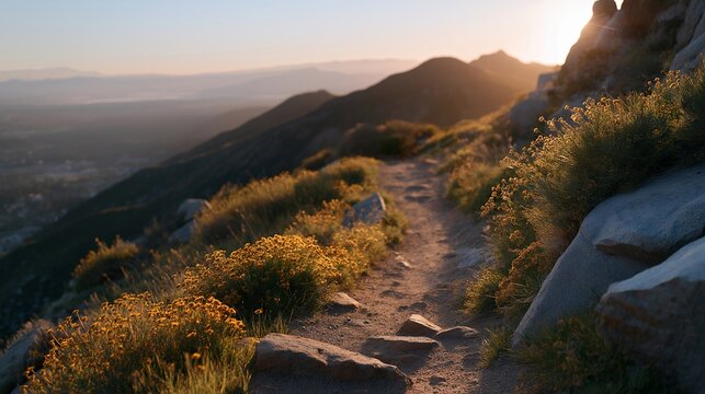 A glowing path adorned with vibrant energy lights directs the way up a hill, showcasing the pursuit of success and the determination required to reach new heights in life. cinematic color