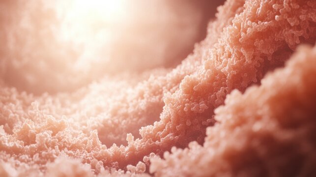 A detailed microscopic view of healthy intestinal tissue, showcasing its vibrant villi structure, essential for efficient nutrient absorption and overall digestive health.
