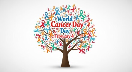 Tree silhouette with colorful ribbons forming the leaves; message for February 4th