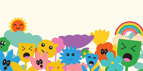 Summer kids background. Playful illustration design for poster, card and classroom decor with colorful rainbow, flowers and cute characters in isolate. Fun abstract shape children party or celebration