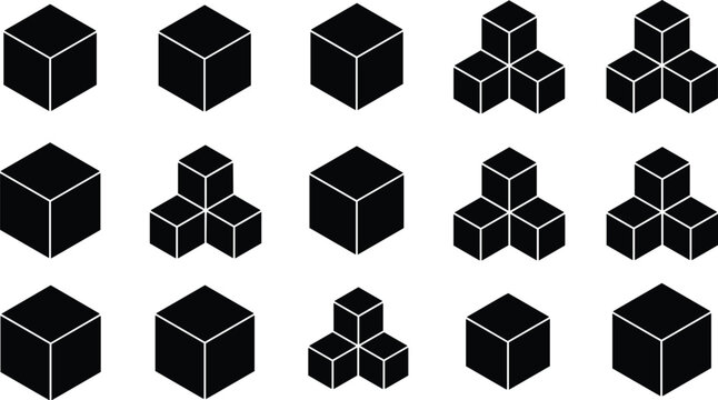Black 3D cube vector set with geometric block shapes minimal abstract design collection