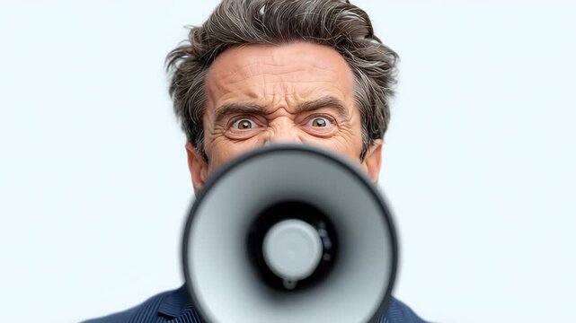 Man with gray hair in a blue suit passionately shouts into a megaphone, showcasing intense expressions and gestures, against a light background emphasizing his commanding presence
