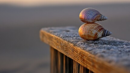 Two polished iridescent seashells balanced precariously on a weathered wooden surface, beautifully illuminated by the warm light of a serene sunset.