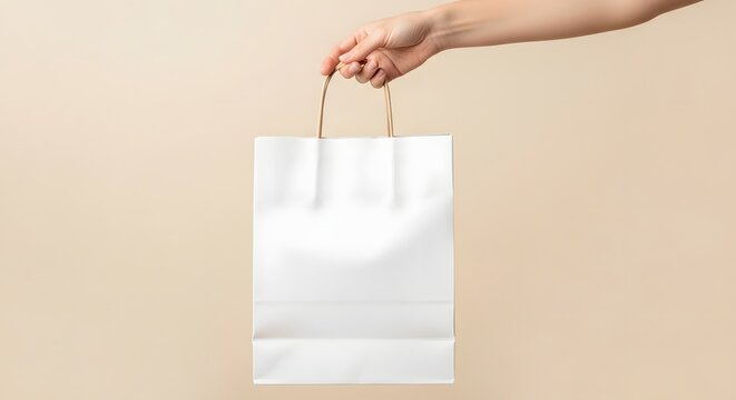A hand holding a white paper shopping bag against a beige background