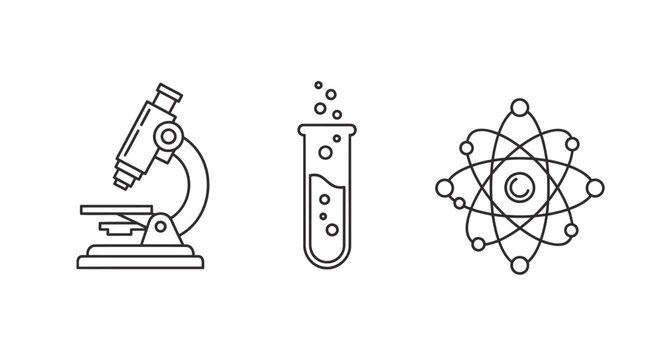 Vector icons of microscope, test tube with bubbles, and atomic structure on white background