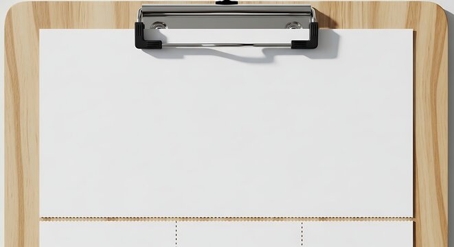 Blank Clipboard with White Paper and Metal Clip for Notes and Ideas.