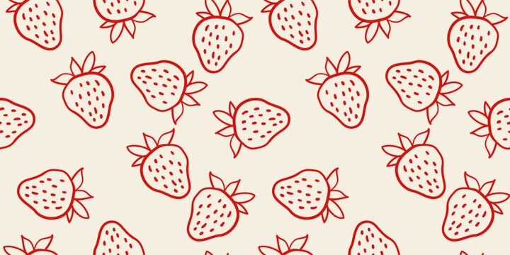 Modern seamless whimsical monochrome summer fruit pattern with strawberries on white background; outline, simple cute vector illustration, drawing, hand-drawn, flat style