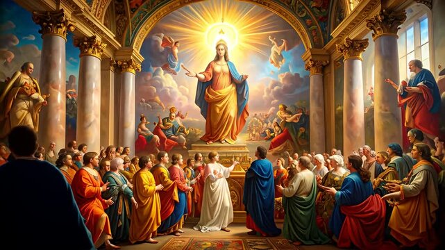 Religious Gathering in Church with Divine Figure Painting.