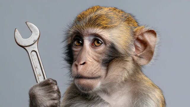 Monkey holding a wrench with a focused expression, showcasing a series of close-up frames that highlight the tool's details and the monkey's features against a neutral background