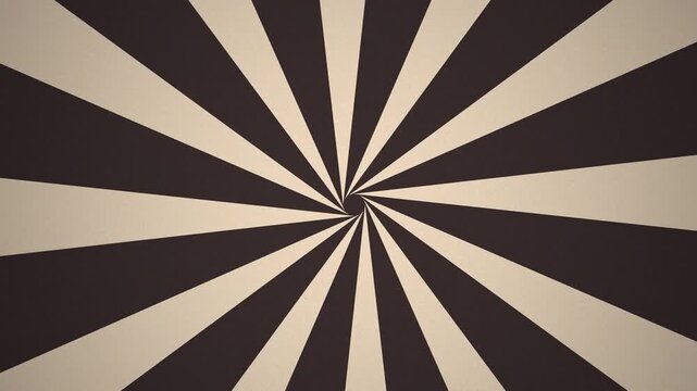 Vintage sepia sunburst with beige and dark brown rays radiating from the center in a spiral, retro striped animated background with film grain, suitable for titles, intros and old-style video