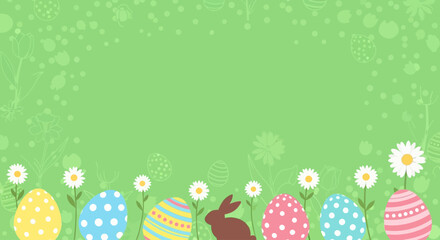 green easter backgrounds. Easter bunny ears with easter eggs on meadow with flowers background banner