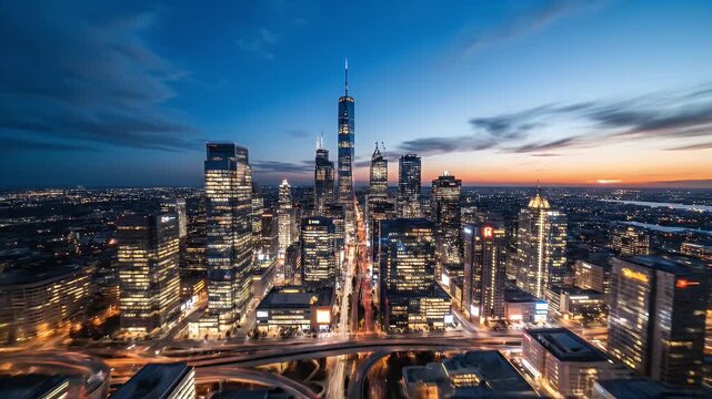 A city skyline at dusk framed by the reflective surfaces of two adjacent skyscrapers