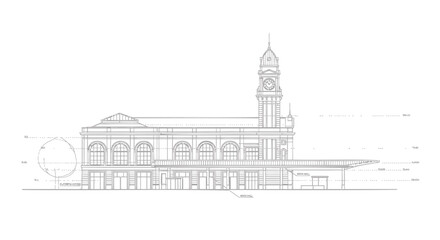 Fototapeta premium Vector illustration of a large building with a clock tower and arched windows, isolated on transparent background