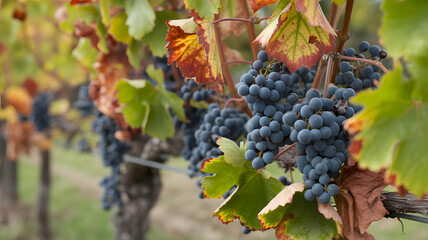 Fototapeta premium A lush vineyard with ripe purple grapes hanging from the vines on a sunny day
