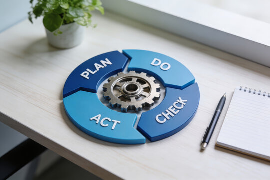 Blue circle diagram showing plan do check act strategy for business management process success with confident pdca cycle improvement concept