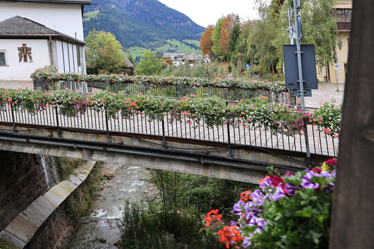 Bridge over the Gardena stream in St. Ulrich, South Tyrol, Italy