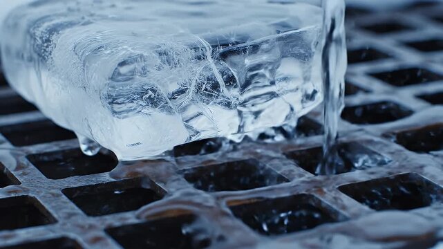 Close-up of ice block melting, water dripping onto a metal grate, creating an icy scene